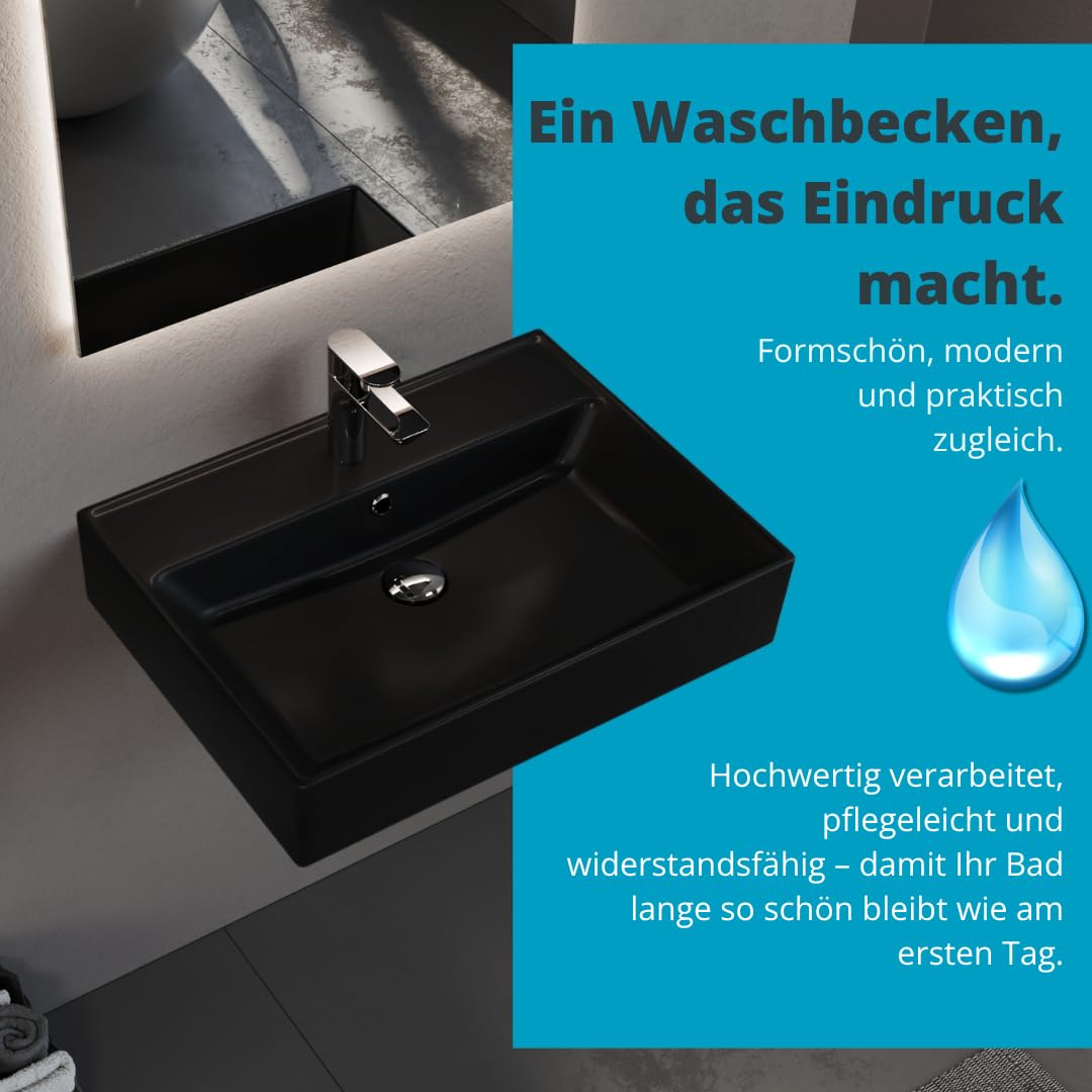Aqua Bagno Waschbecken Schwarz Matt 60 cm, Keramik Aufsatzwaschbecken fürs Bad, rechteckiger Waschtisch mit Hahnloch, Waschplatz, modernes Waschbecken zur Wandmontage, für Badezimmer und Gäste WC