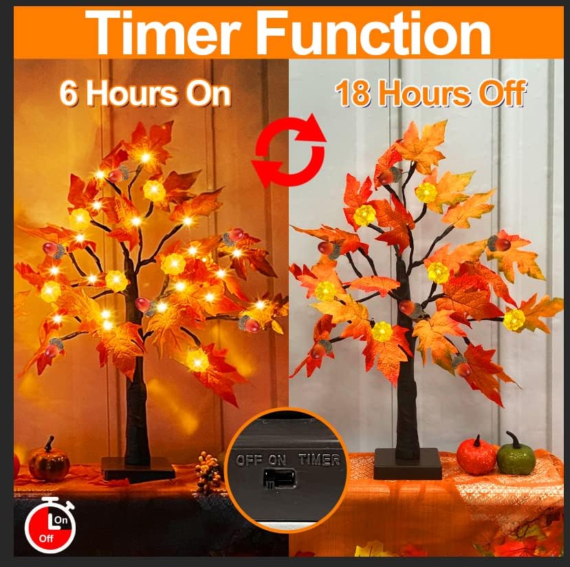 [ Timer ] 20 Inch Lighted Thanksgiving Maple Tree Decoration, Fall Decorations Tree with 24 LED Orange Lights Battery Operated Pumpkin Acorn Tabletop Autumn Harvest Home Halloween Party Indoor Outdoor