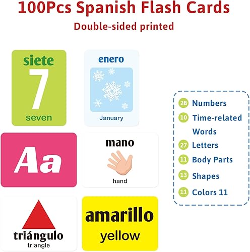 Miniatura 3 de Tarjetas didácticas en español, 100 tarjetas bilingües de inglés a español, vocabulario, números del alfabeto, colores, juguetes educativos de