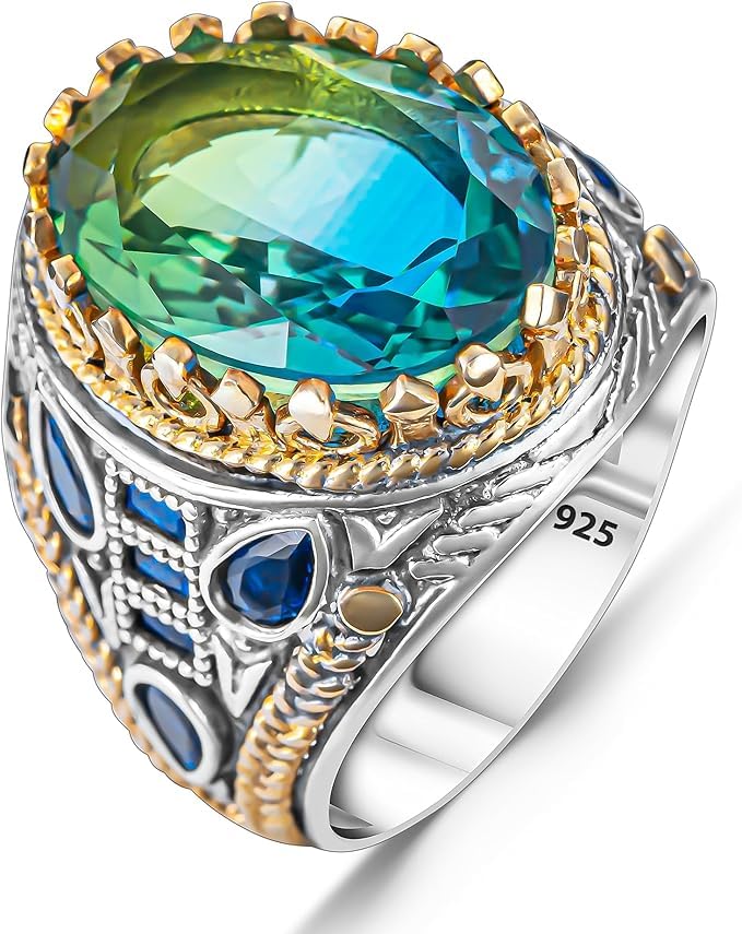 Anillo turco de plata de ley 925 maciza con piedra turmalina para hombre con piedras de colores mixtos