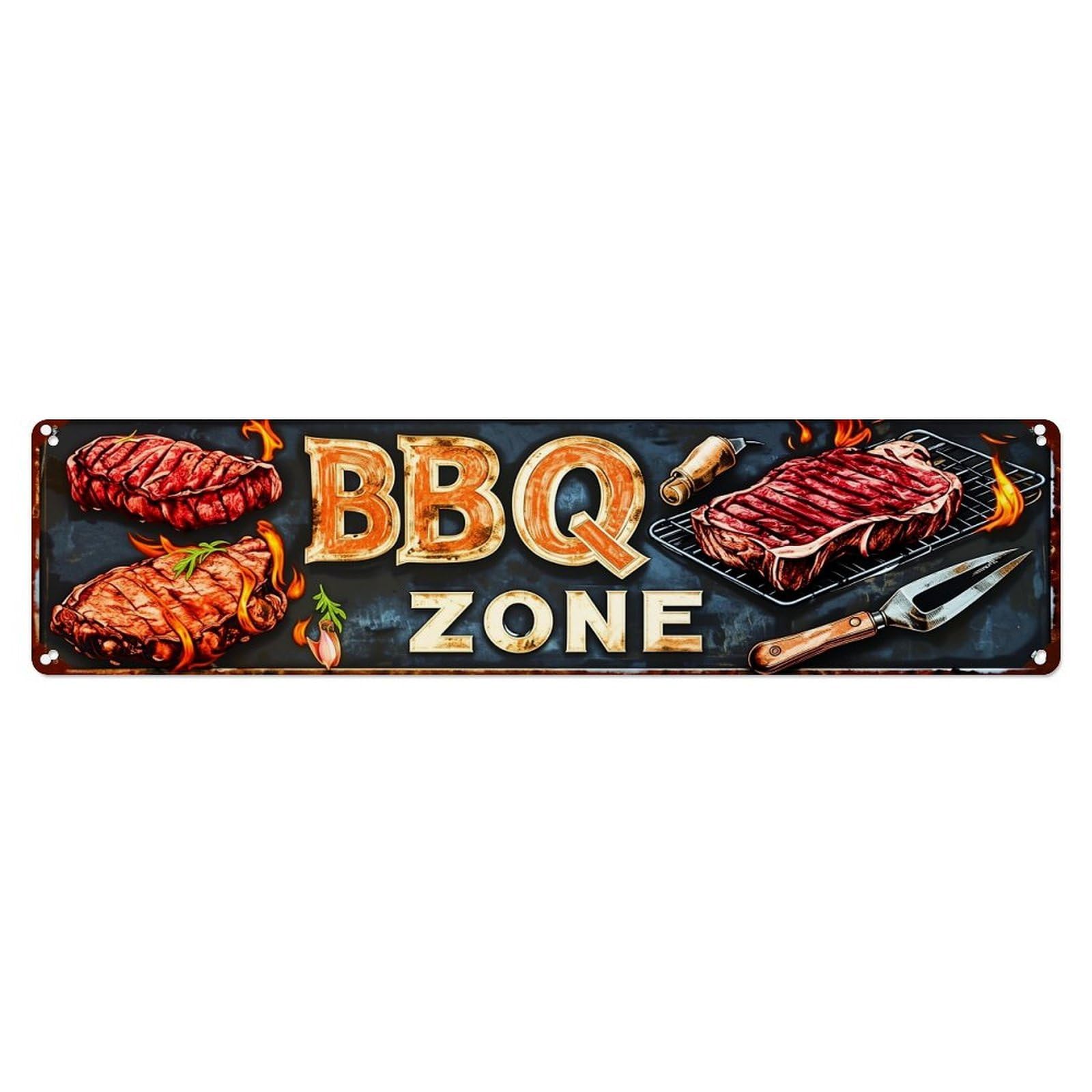 Jdyaojiesheng Vintage Bbq Zone Meat Grill Fire Tin Sign Retro Metal Wall Decor Metal Poster, Home Bar Garage Farmhouse Cafe Wall Art Decoration 4X16inch