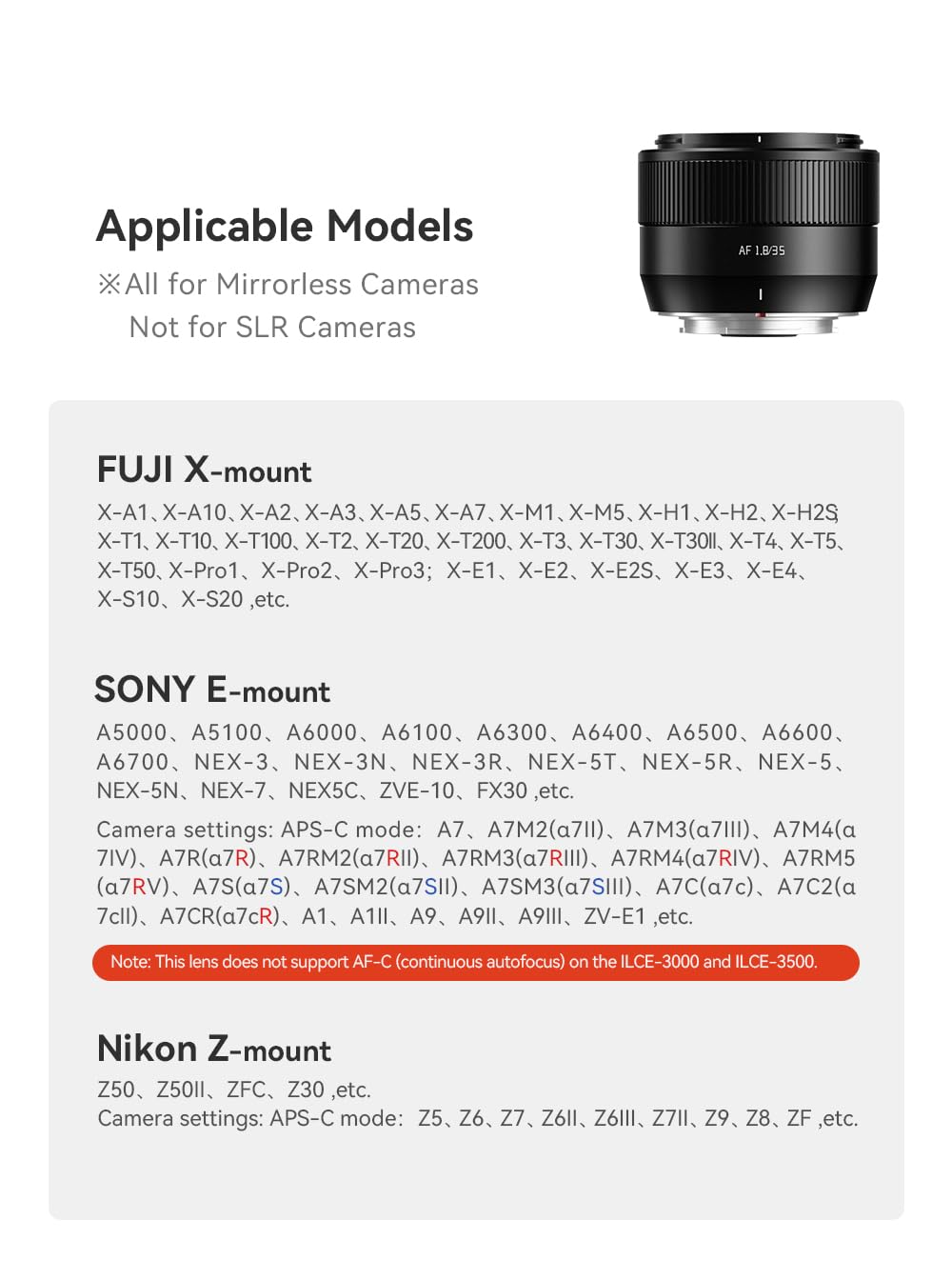 TTartisan Obiettivo AF 35 mm F1.8 II per Sony, APS-C Autofocus Obiettivo E Mount, design leggero, compatibile con fotocamere Sony E Mount