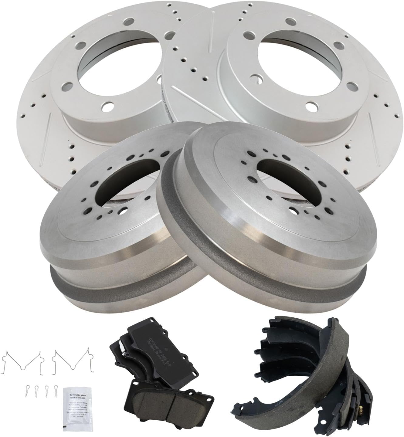 TRQ Front & Rear Brake Pad & Rotor Kit Premium G-Coated Ceramic Performance Slotted X Drilled Compatible with 2000-2002 Toyota Tundra