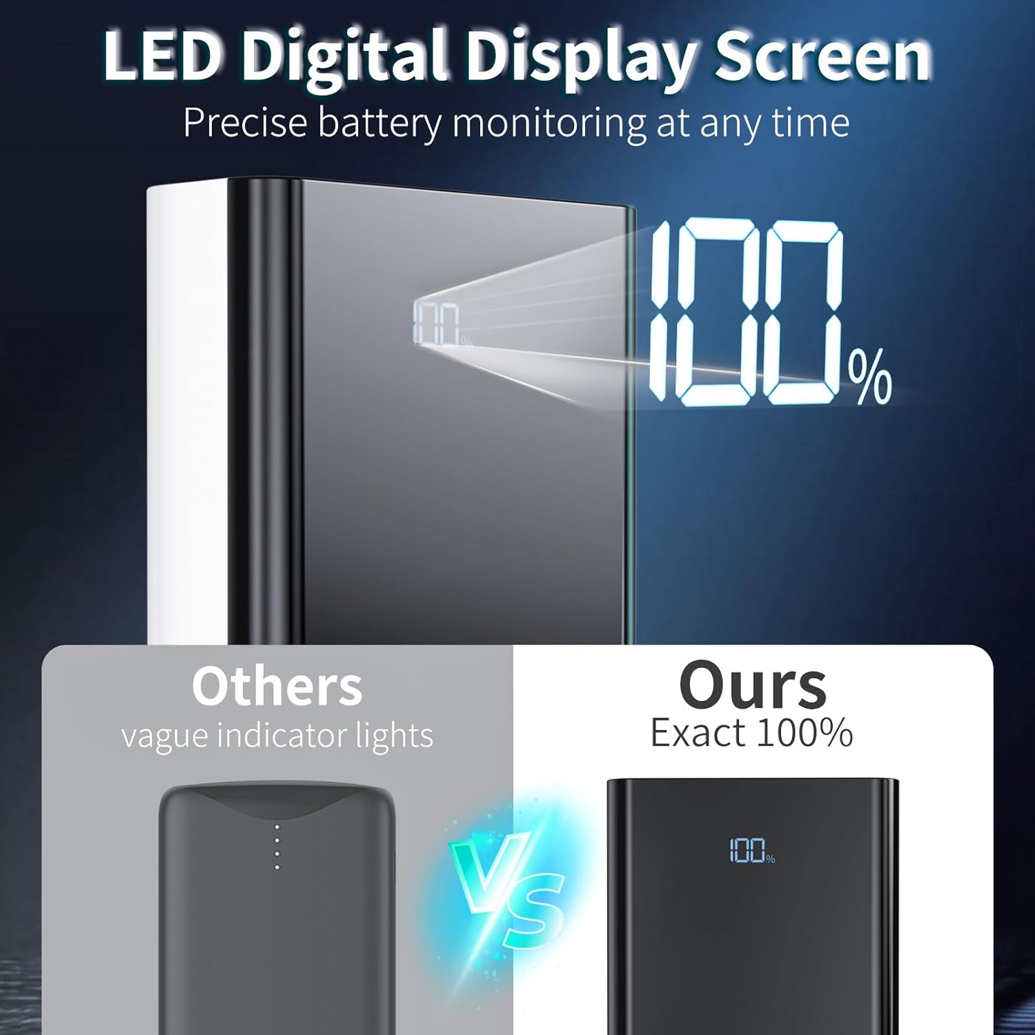 Image of the power bank with its LED flashlight illuminated, highlighting its use as a strong light source.