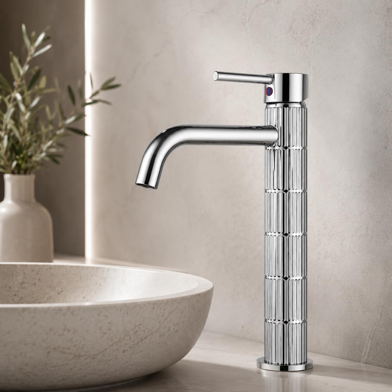 Grifo de lavabo alto monomando con cuerpo de latón, mezclador para lavabo sobre encimera, acabado cromado, cartucho cerámico duradero (Cromado, Alto)