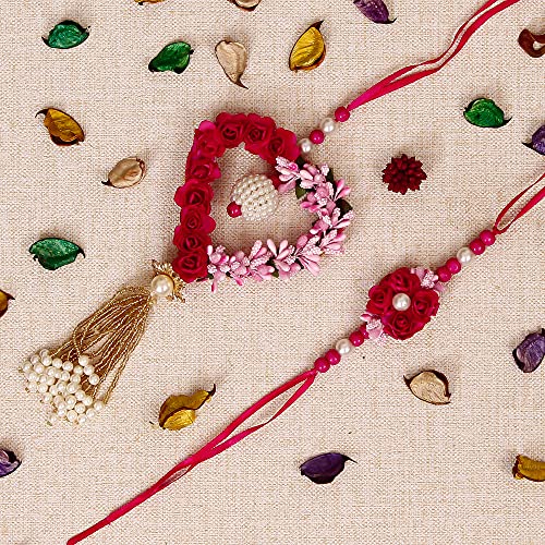 Image of eCraftIndia Boy's Golden & White Beads, Pearl, Diamond Designer Bhaiya Bhabhi Rakhis With Roli Chawal