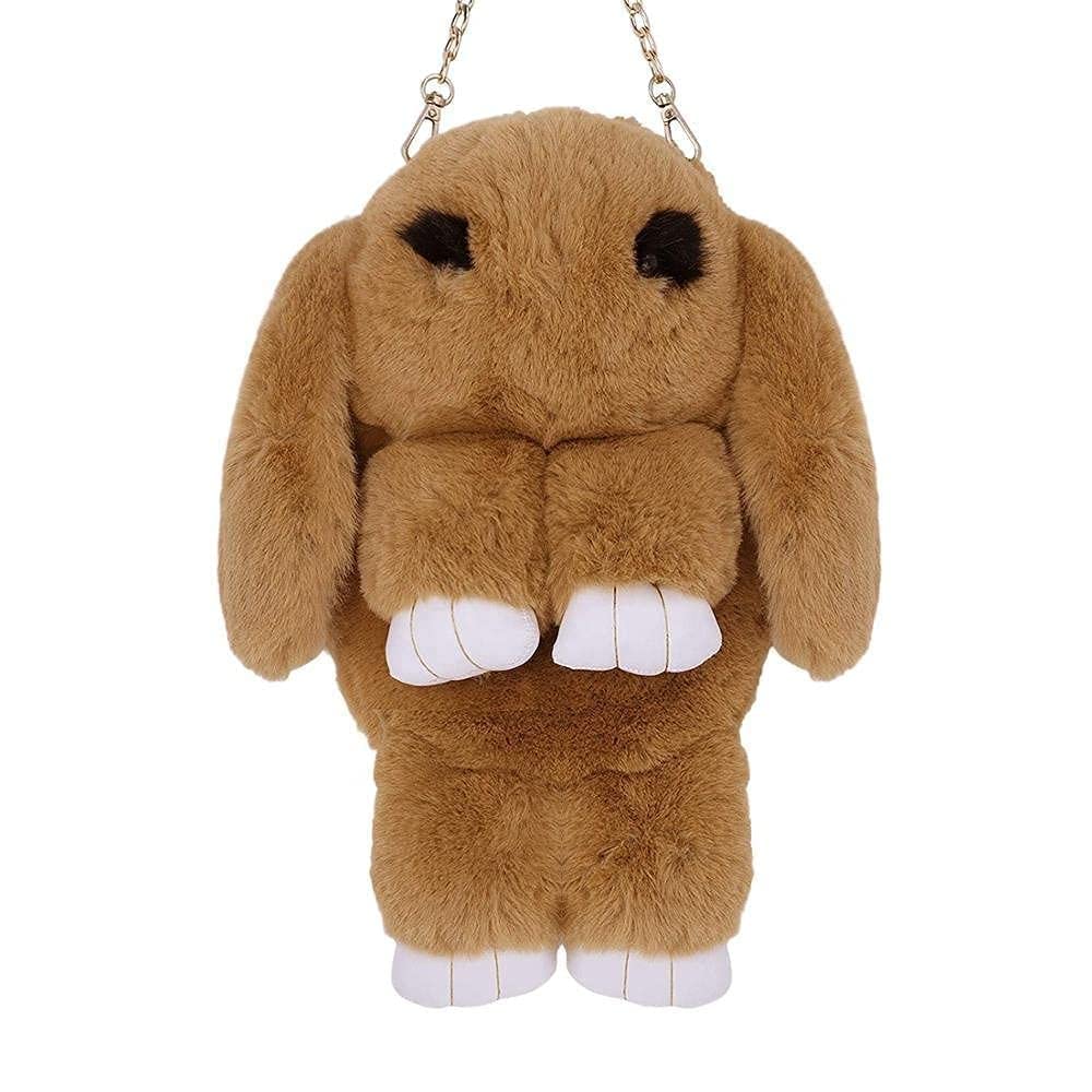 Brown Soft Cute Bunny Sling Bag With Chain And Smooth Zipper For Girls/Fluffy Rabbit Cross body& Hand Bag/Plush Bunny Shoulder Bag-image-27