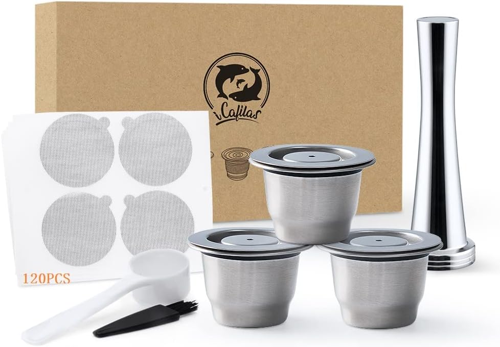 Stainless Steel Refillable Capsules Reusable Pod fits Nespresso Brewers (Not ALL) (3 Pods,120 Lids,1 Tamper)