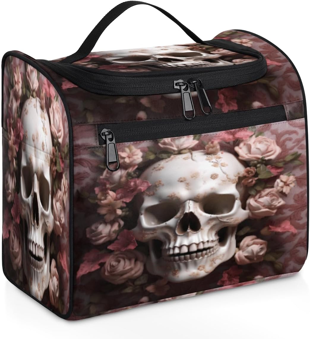 cfpolar Skull Pink Rose Flowers Hanging Travel Toiletry Bag for Women Men, Waterproof Makeup Organizer Bag with Compartments, Portable Bathroom Cosmetic Storage Bag Case Pouch Holder