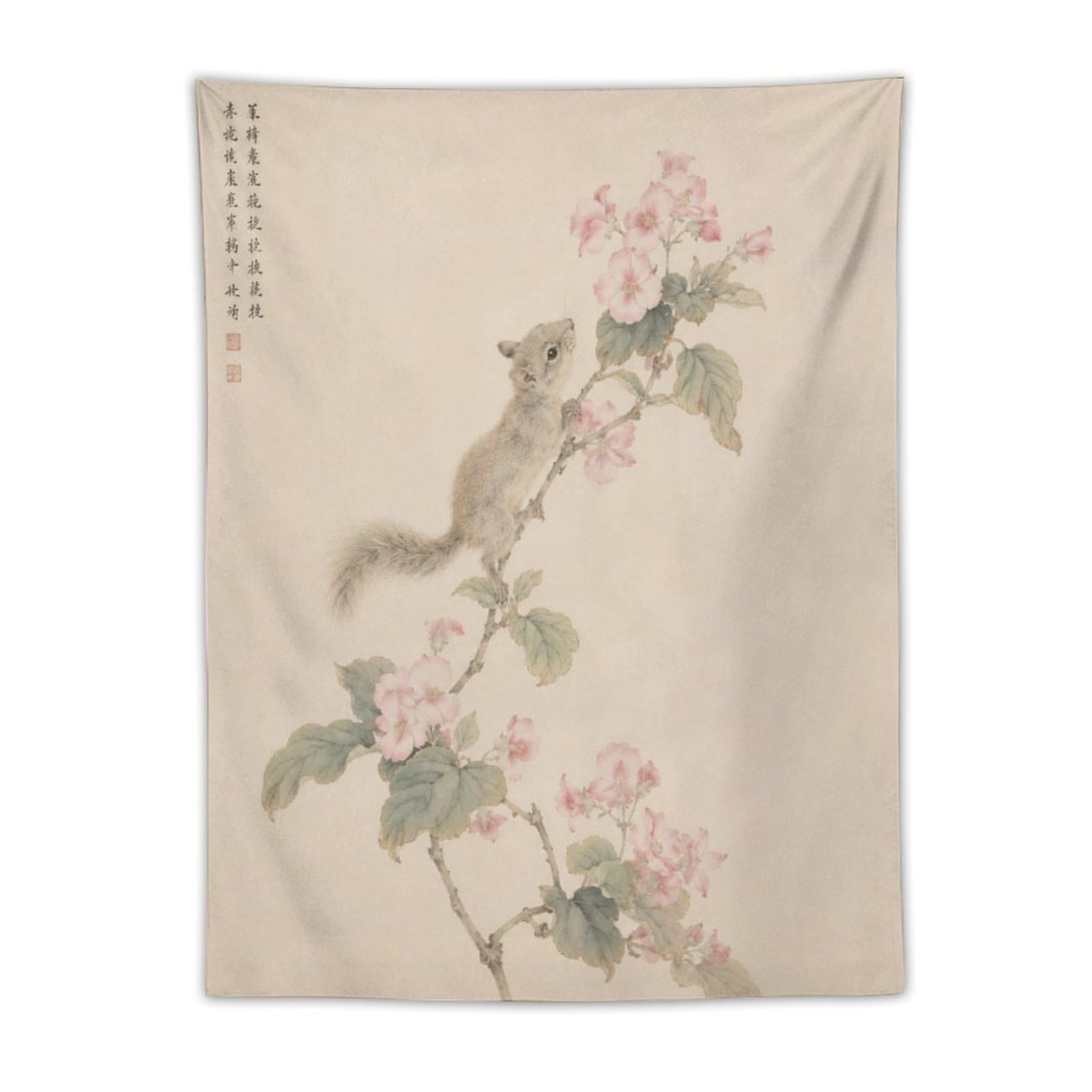 H3B8U2Y5 Mouse on Blossom Branch Wall Tapestry, Asian Ink Style, Asian Ink