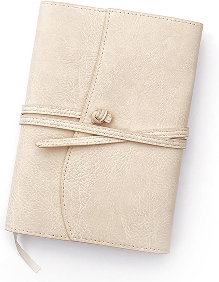 Refillable Faux Leather Journal for Women - A5 Wrap Style Notebook Diary with Lined Paper, Pen Loop, Ivory White 6x8