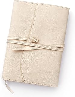 Refillable Faux Leather Journal for Women - A5 Wrap Style Notebook Diary with Lined Paper, Pen Loop, Ivory White 6x8