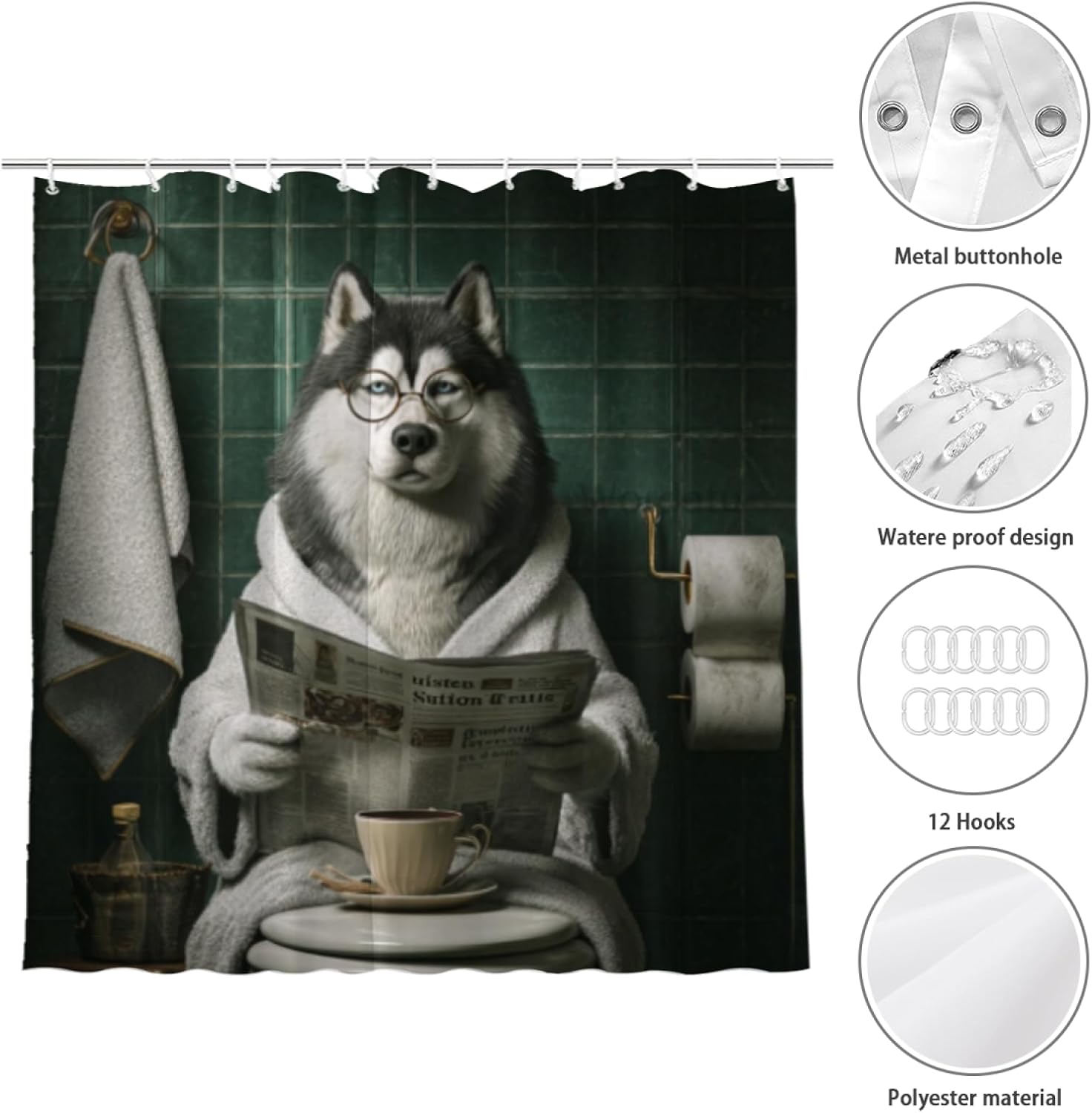 Funny Husky Bathroom Curtain, Cute Dogs Reading Newspaper on Toilet, Washable Cloth Kids Shower Curtain Set 72X72 Inches with 12 Hooks