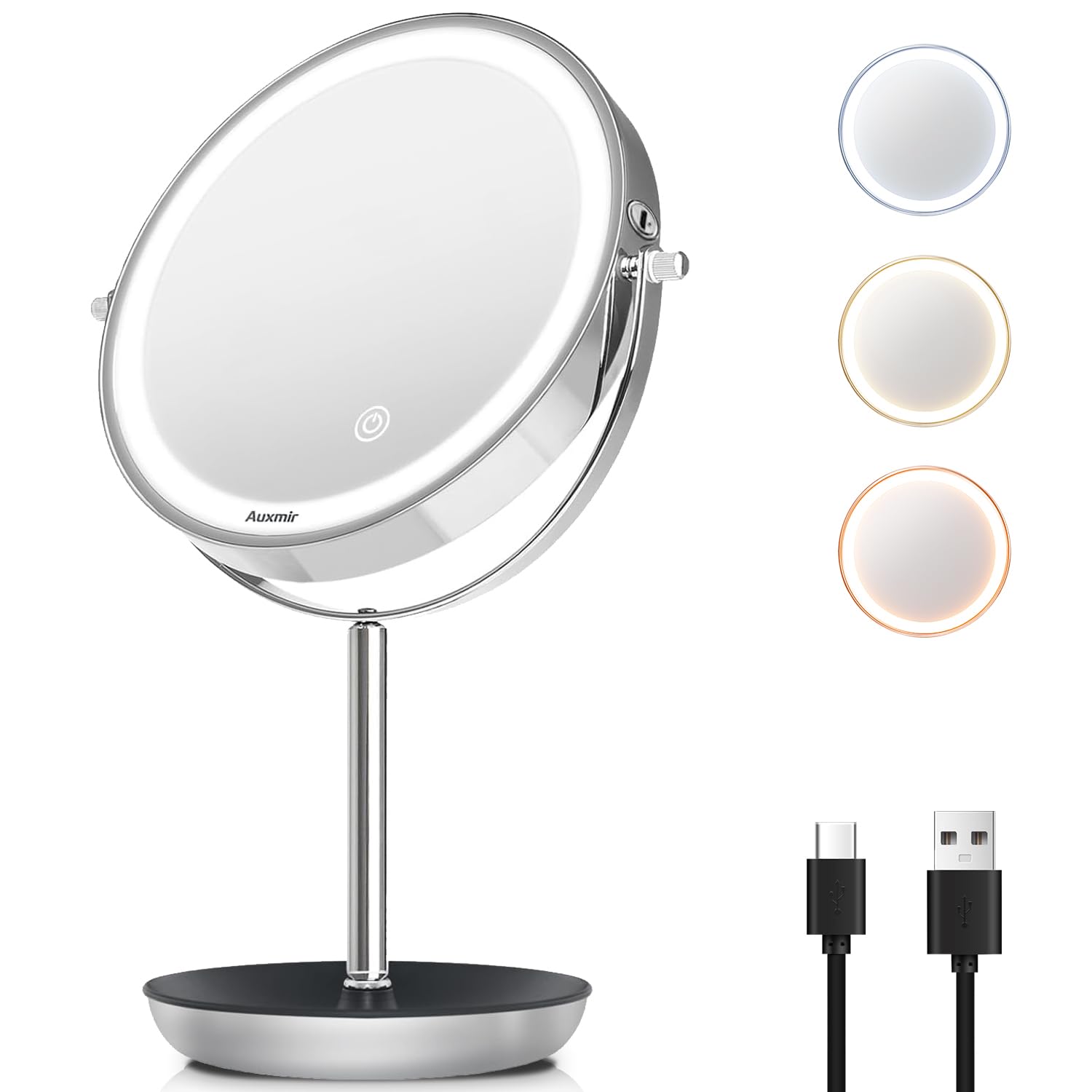 Auxmir Espejo Maquillaje con Luz, Aumento 1X / 10X, Espejo Sobremesa Recargable USB 1800mAh, Giratorio 360°, 3 Colores y Brillo Ajustable, para Baño Tocador Afeitar Depilar, Plata