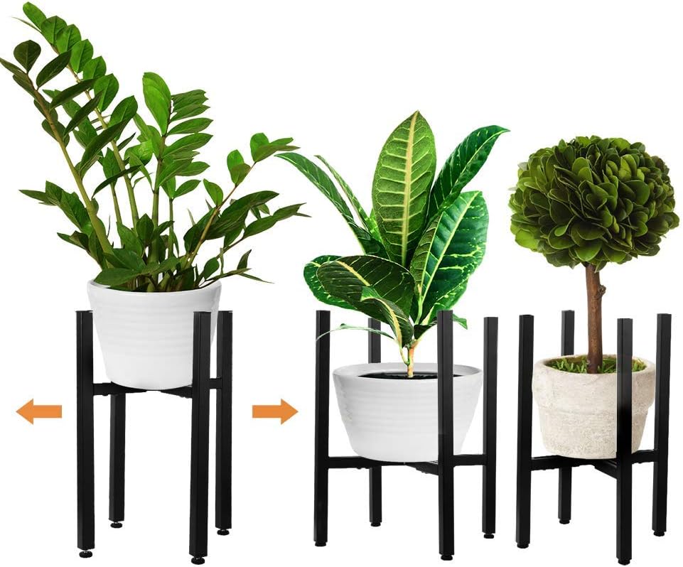 3 Pack Adjustable Plant Stands,Mid Century Metal Planter Stand Fit Width 8 10 12 Inch Pots,Free Tall & Low Plant Pot Holder,Modern|Black|Indoor|Outdoor|Set of 3|