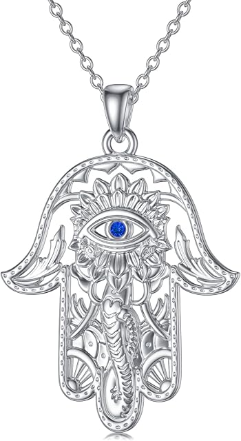 ROMANTICWORK Elephant Hamsa Hand Necklace Sterling Silver Lotus Evil Eye Pendant Hand of Famati Protection Necklaces Amulet Jewellery Gifts for Women Men