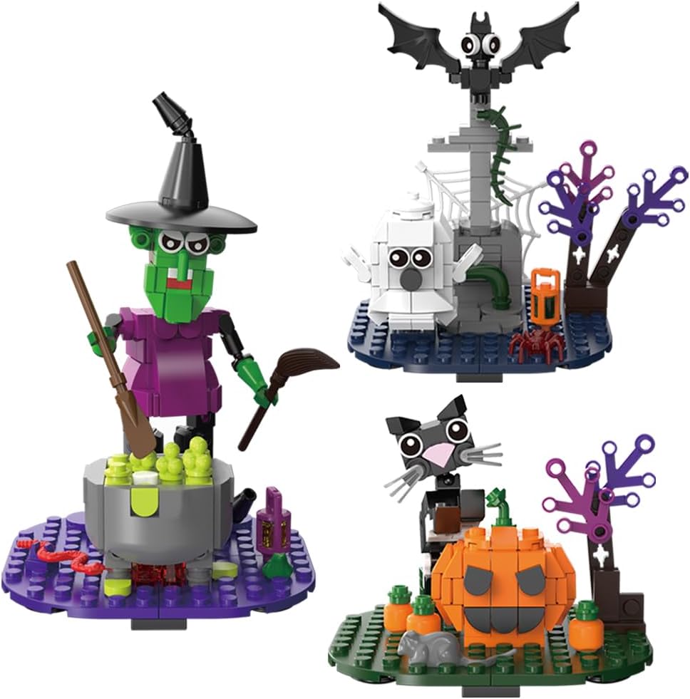 Halloween Building Blocks Set - Pumpkin Ghosts Witch Cat Grave Kit, Party Favors Gift Ornament for Kids