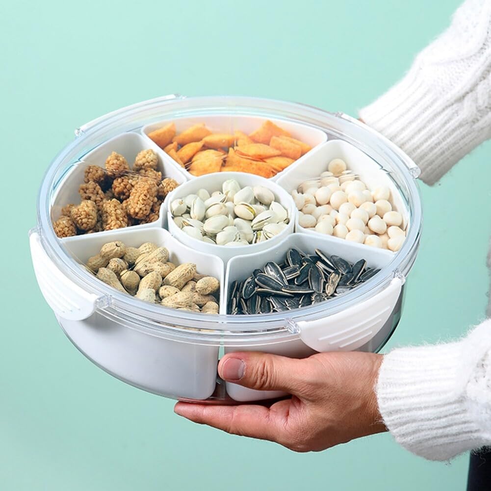 Contenitore per snack multi scomparto con coperchio, rotondo, in plastica, a 5 sezioni, per caramelle, noci, dolci e snack, perfetto per feste e raduni