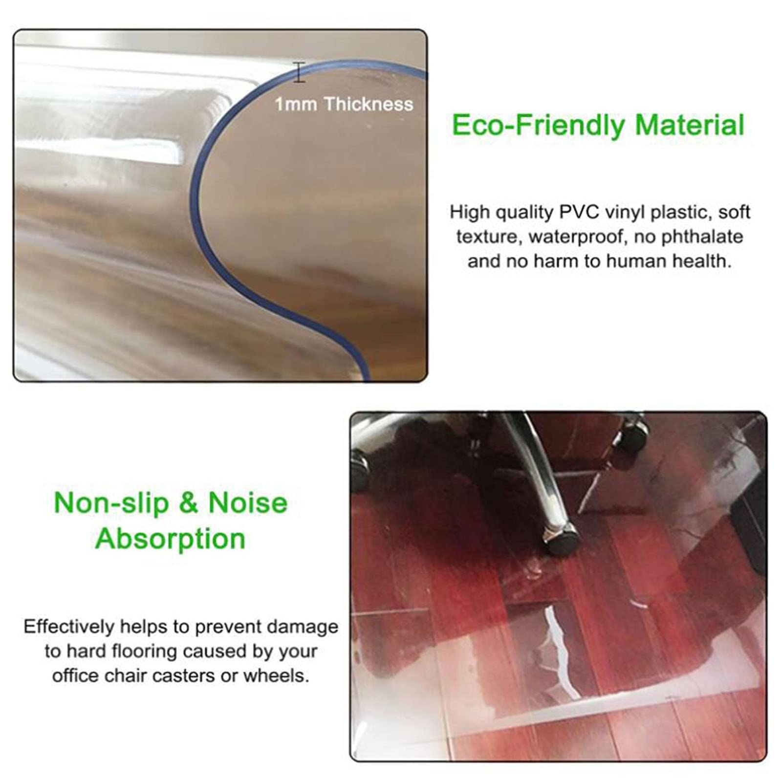2mm Bodenschutzmatte Transparent, Schreibtischstuhl Unterlage, Stuhlmatten Hohe Schlagzähigkeit, PVC rutschfest, Kratzfest für Hartböden, Bürostuhl,60/70/80/90/100/110/120/130/140/150cm breit(1