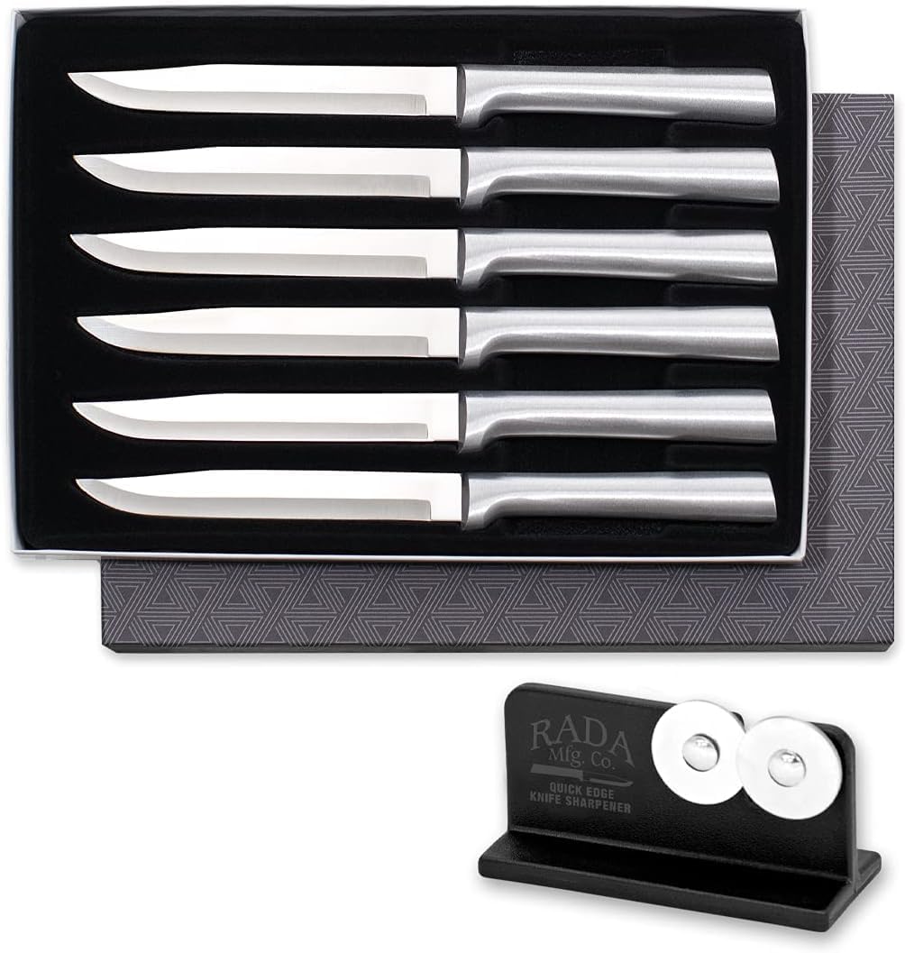Rada Cutlery Six Utility/Steak Knives Gift Set (S06), 6-Piece Knife Set with Quick Edge Sharpener (R119), Stainless Steel Blades, Silver Handle