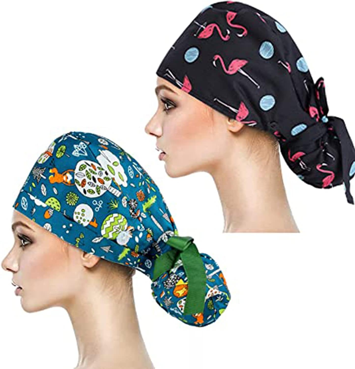 2 Pack Head Covers Shower Caps, Fashion Working Cap with Buttons and Sweatband, Cotton Working Hats with Adjustable Ponytail Pack, Sweatband Ribbon Tie Back Hats for Long Hair Women & Men