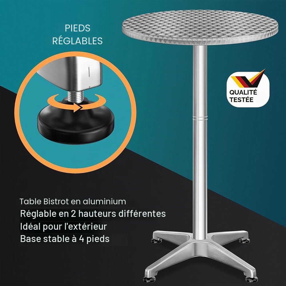 BAKAJI Table de Bar Haute 2en1 en alu Hauteur réglable Pliable 70cm/115cm Mange Debout extérieur Table Ronde, avec Plateau Pliant Peu encombrant