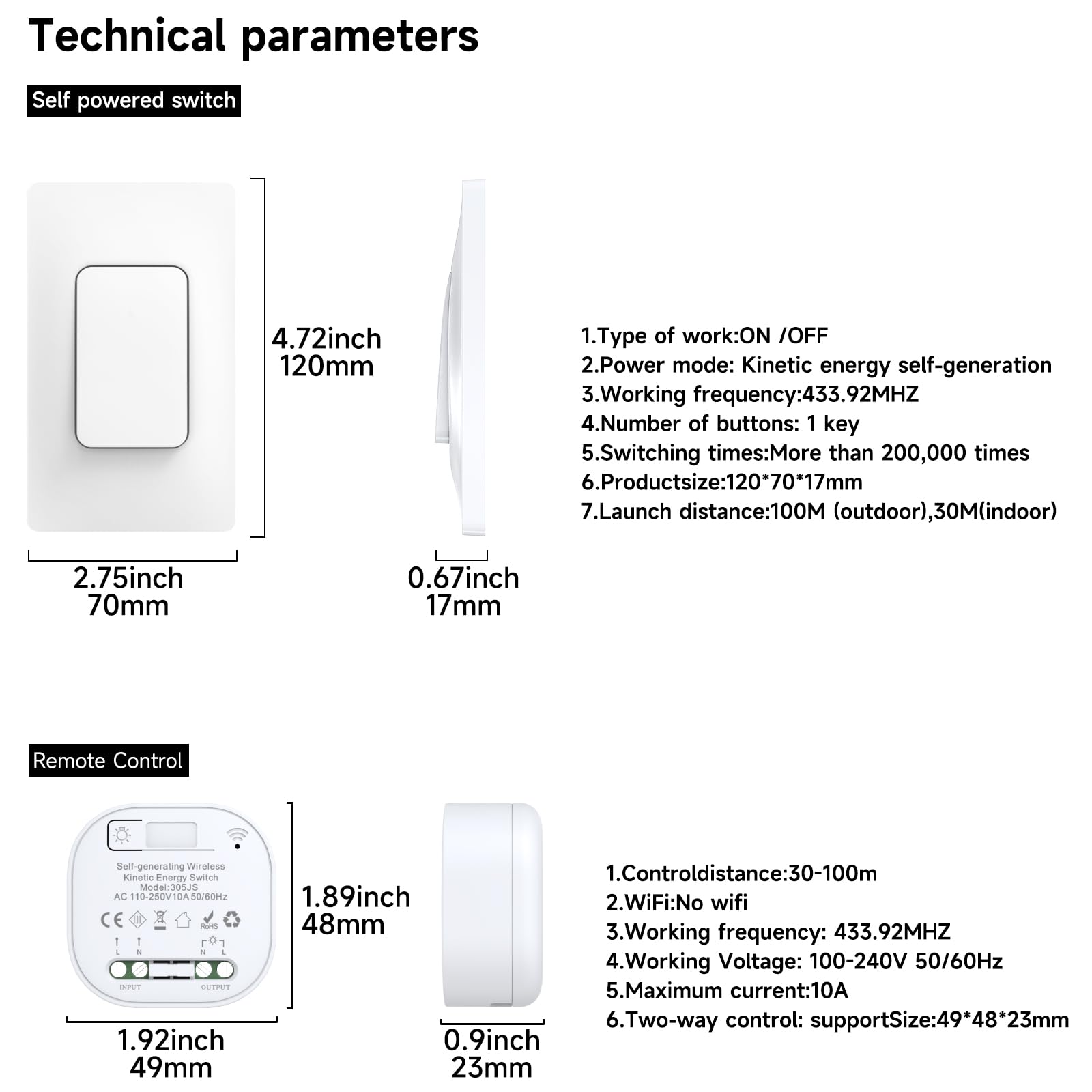 Cerhot interruttore radio 230 V, interruttore della luce senza batteria, set di interruttori wireless senza batteria, interruttore radio da parete per luci (US 1 interruttore 3V1 a)