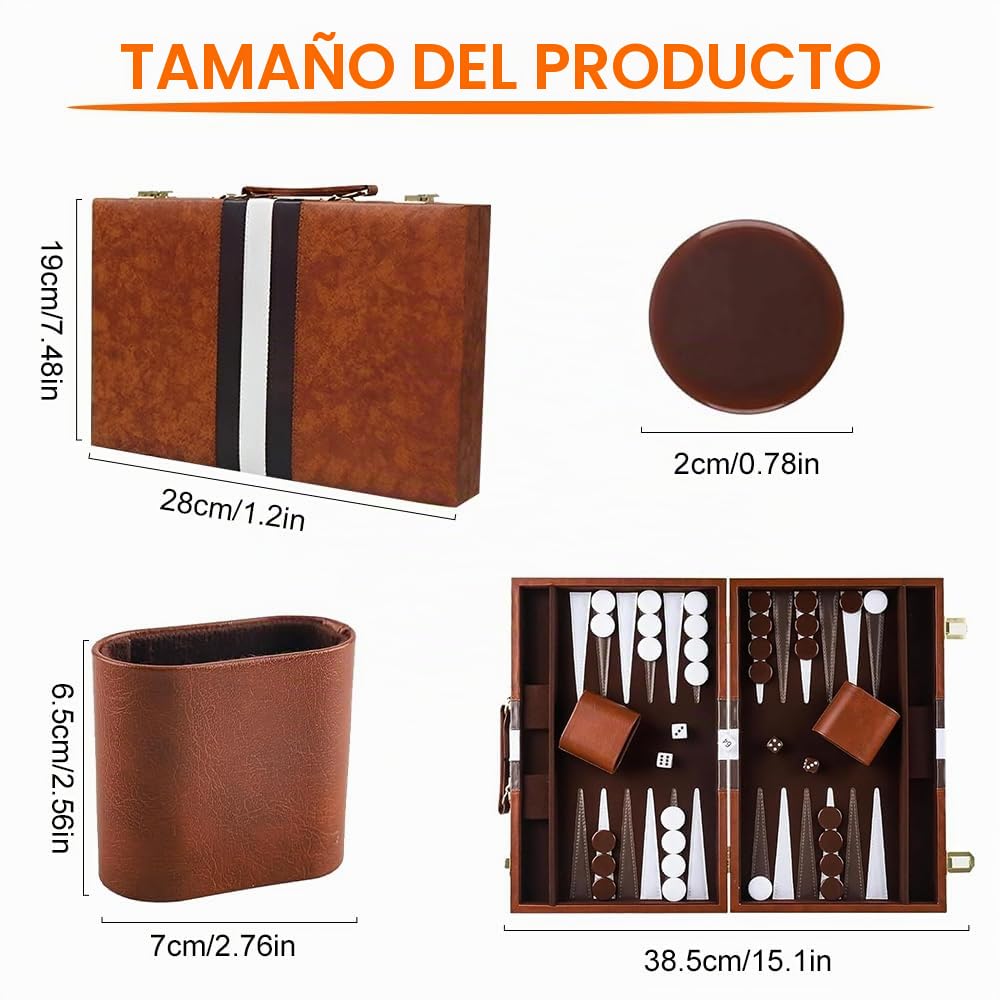 Backgammon Maleta de madera de 15 pulgadas, 2 jugadores, clásico juego de backgammon de viaje con funda de piel de alta calidad portátil y con cubo para campistas y fans de viajes