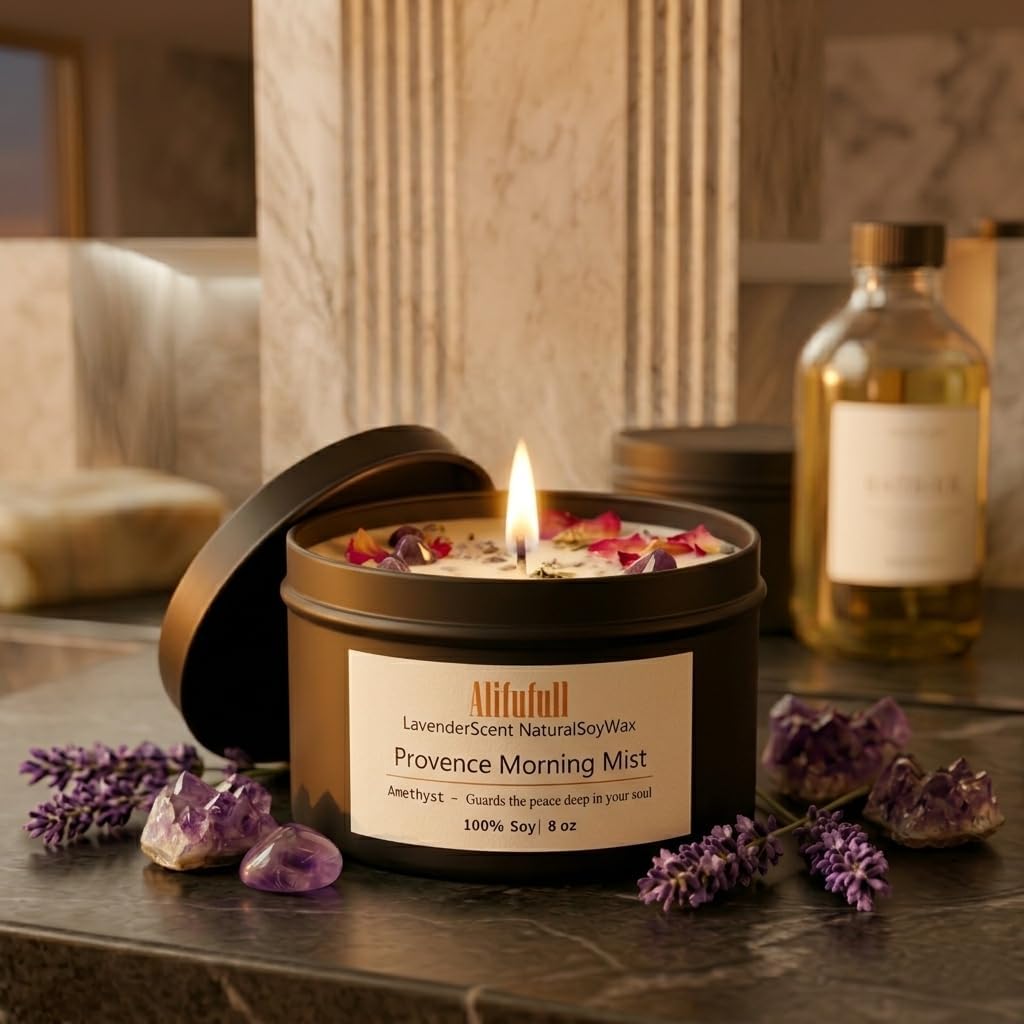 Lavender Crystal Infused Aromatherapy Candle, 8oz Matte Black Tin | Natural Soy Wax, Real Amethyst Crystals & Dried Lavender Flower Petals, Stress Relief & Sleep Aid, Home Scented
