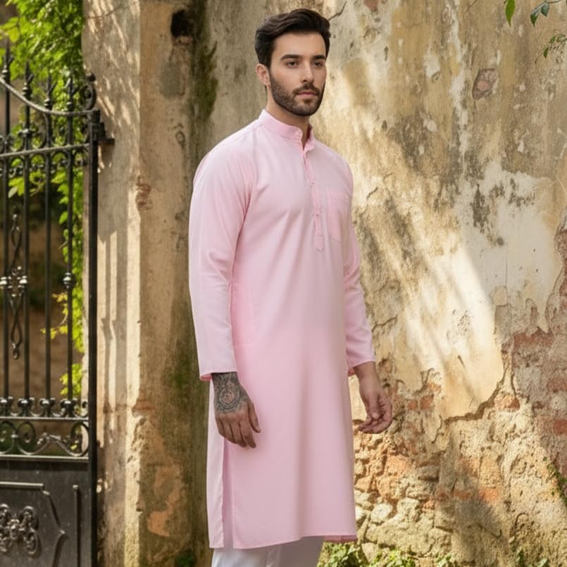 Image of Men's Cotton Blend Blend Knee Length Solid Color Style Stright Long Mandrin Collor Ethnic Casual Wear Kurta Only
