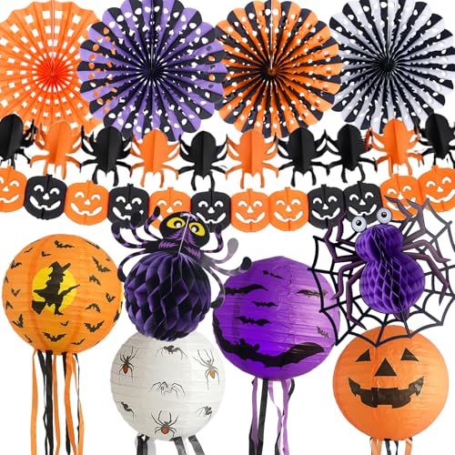 FodeMoraka Halloween Paper Lanterns Decorations - 12 Pcs Orange Lantern Fans Pumpkin...
