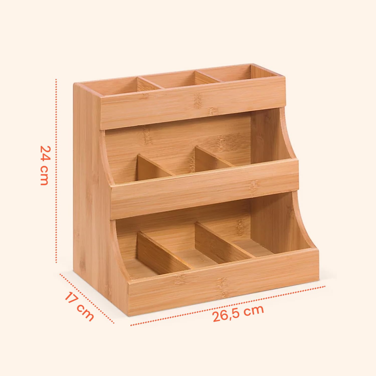 Avilia Organizer in Bambù con 9 Scomparti – Porta Capsule Caffè e Portacialde, Alzatina Cucina Salvaspazio per Bustine Tè, Tisane e Zucchero – Contenitore Multiuso per Cucina, Ufficio e Bagno