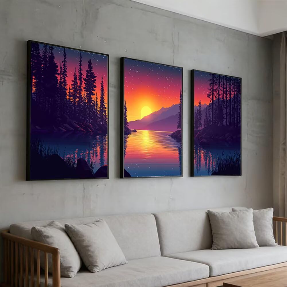 Leinwand Bilder mit Rahmen, 3Pcs Sonnenuntergang Wandbilder Wohnzimmer Set, 40 x 50 cm x 3 Pcs Leinwand Bilder Wald Wanddeko Schlafzimmer, Wandbilder mit Haken für Wanddeko Wohnzimmer, Geschenk, -2245