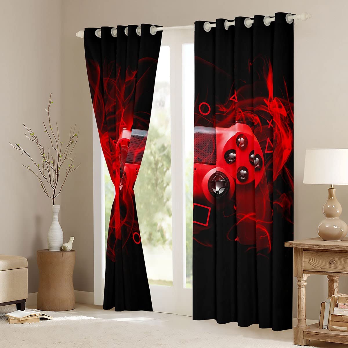 Kids Gamepad Window Treatments Modern Gamer Bedroom Decor For Boys Girls Teens Game Controller Curtain Youth Gaming Console Window Drapes Red Black Room Decor W52*L63 - Image 3