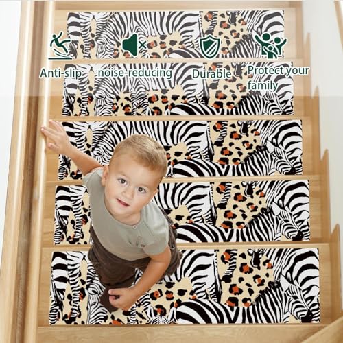 Alfombra para escaleras con estampado de cebra para proteger peldaños de madera interiores con niños 4
