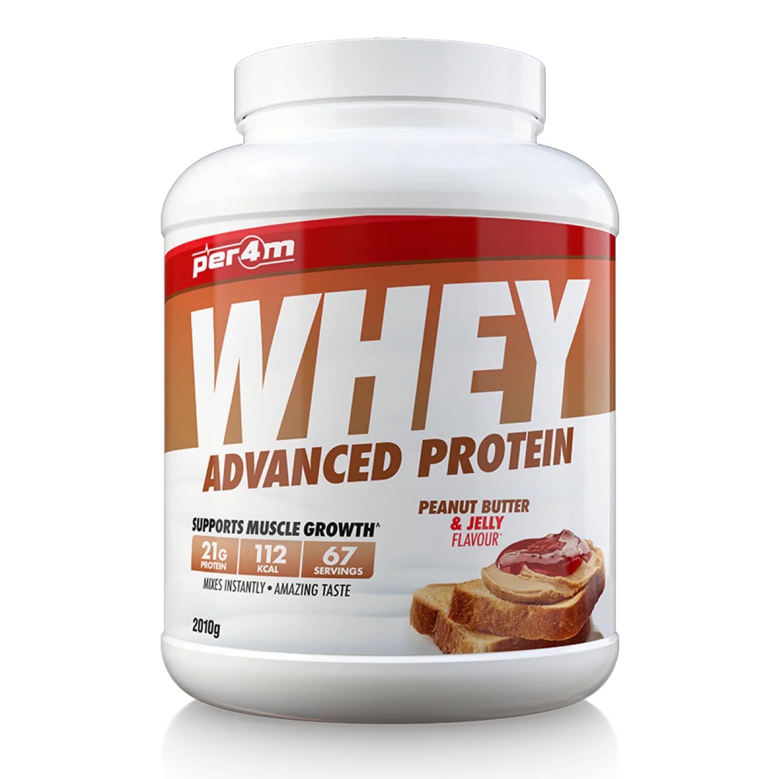 per4mProtein Whey Powder | 67 Servings of High Protein Shake with Amino Acids | for Optimal Nutrition When Training | Low Sugar Gym Supplements (Peanut Butter & Jelly, 2010g)