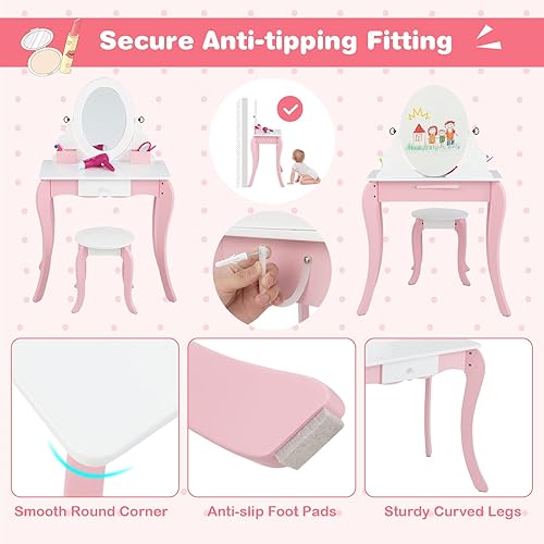 Miniatura 5 de KOTEK Vanidad 2 en 1 para niños, juego de tocador para niñas con espejo giratorio de doble cara y taburete, tocador rosa con cajón y accesorios para