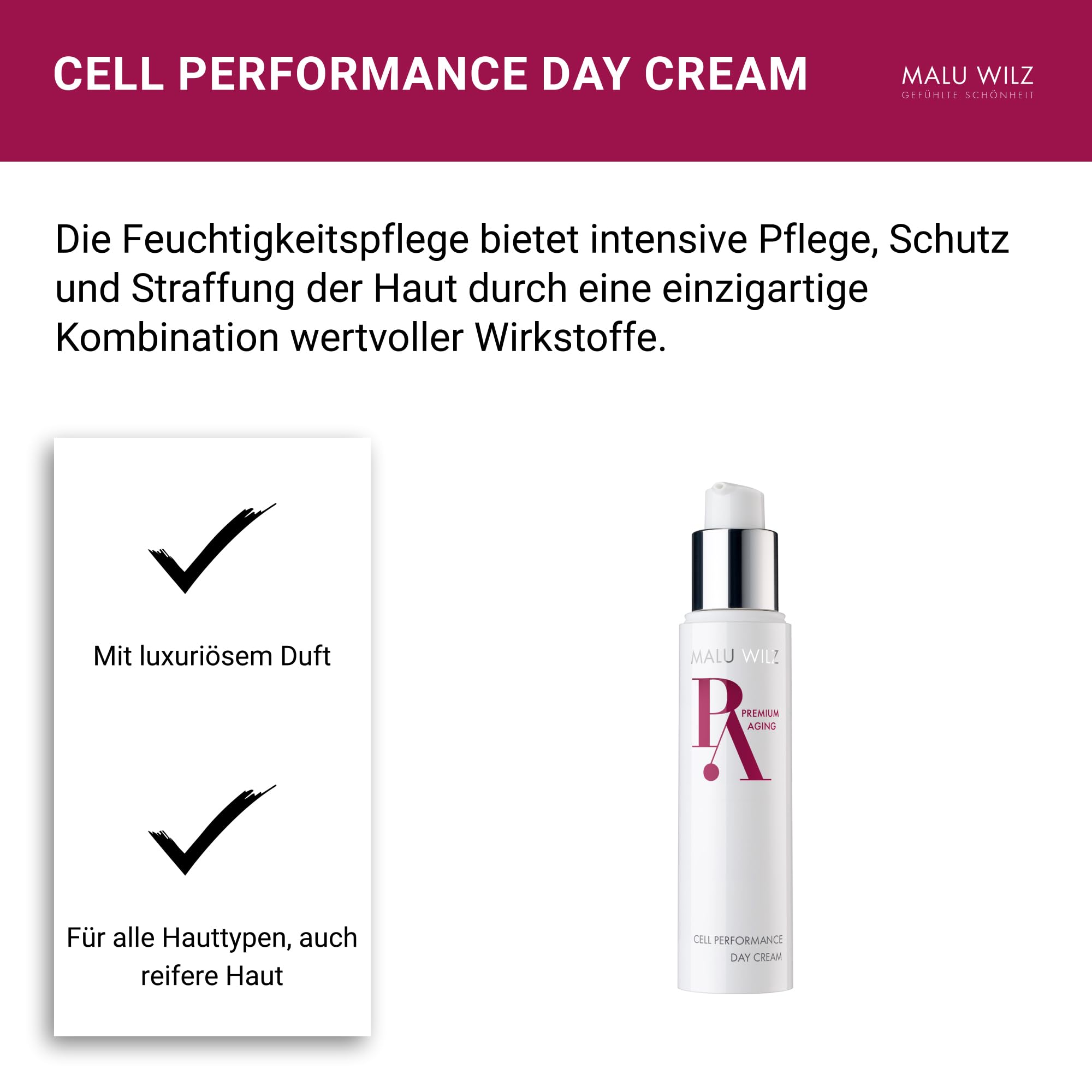 Malu Wilz Premium Aging Cell Performance Day Cream 50ml I Anti Aging Gesichtspflege für trockene Haut I Feuchtigkeitscreme zur natürlichen Hautregeneration