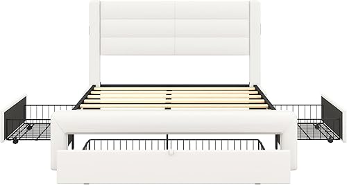 Miniatura 7 de Base de cama tapizada de tamaño Queen con 3 cajones de almacenamiento y cabecero, cama de almacenamiento Queen de piel sintética con estación de