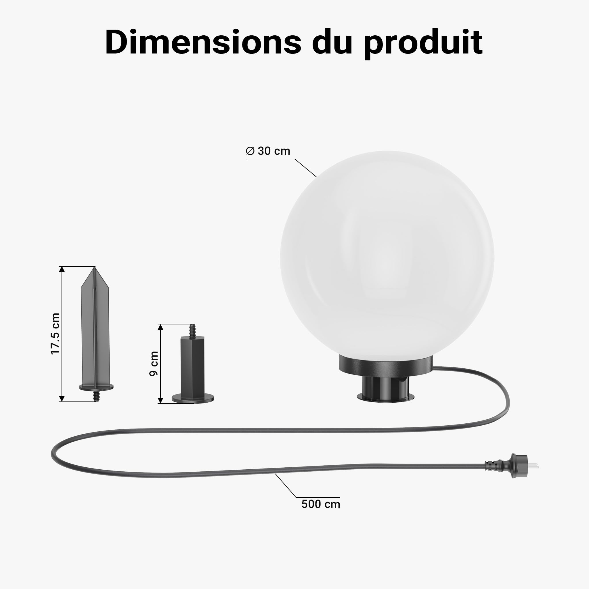 WilTec Lampe boule extérieure – 300 x 300 x 510 mm – Ø 30 cm – Luminaire ronde de jardin avec piquet – Lampadaire IP44 avec Douille de 40W E27