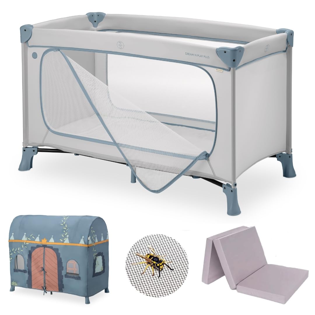 hauck Kinderreisebett Dream N Play Plus – XXL Zubehörpaket mit Matratze, Spielzelt & Insektenschutz, faltbar & klappbar, Tasche & großem Eingang – Dusty Blue