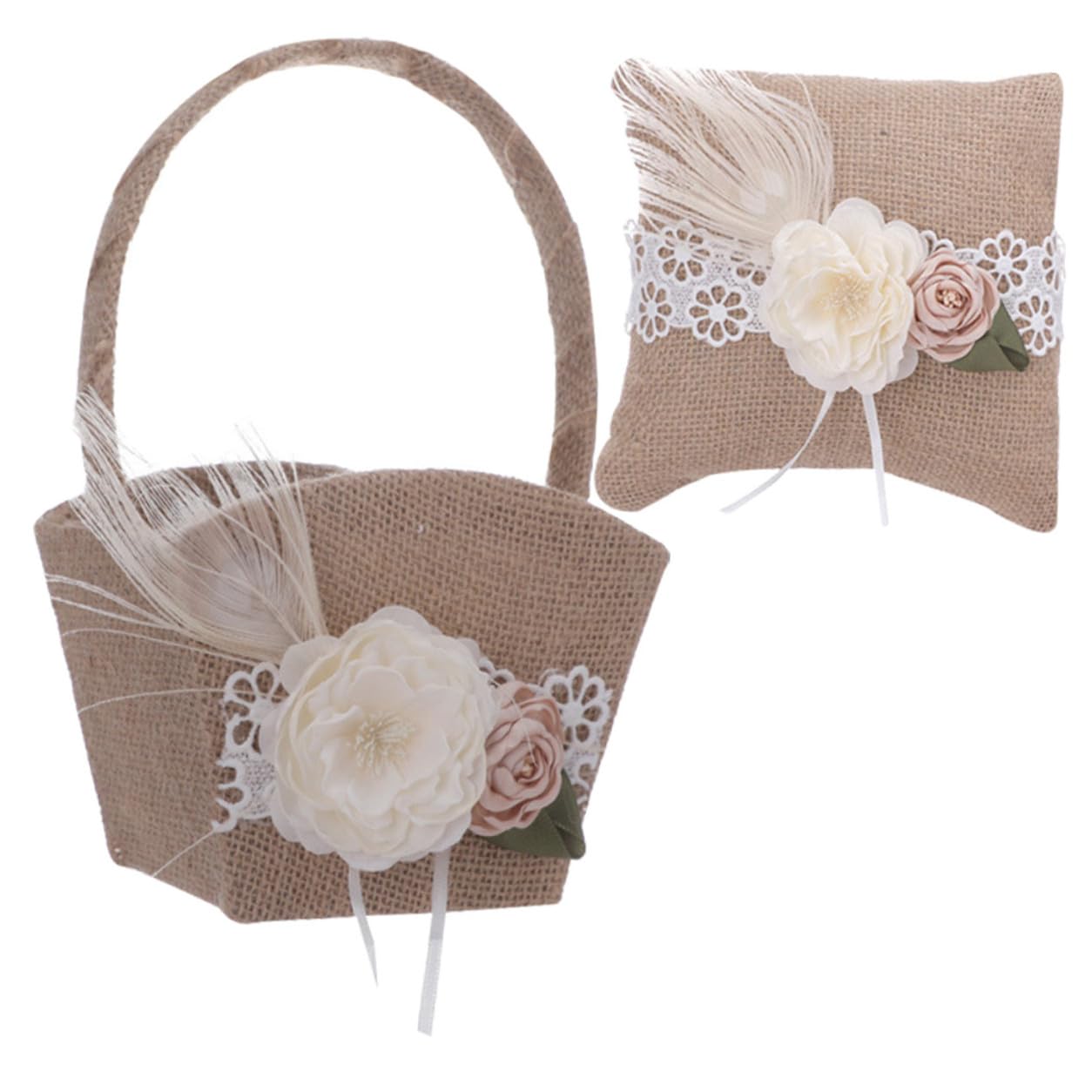 DECHOUS Hochzeitskorb aus Leinen mit Ringkissen Satz für Blumenmädchen zur Hochzeit Hautfreundlich mit Künstlichen Blumen Leichter Blumenkorb für Romantische Trauungszeremonie