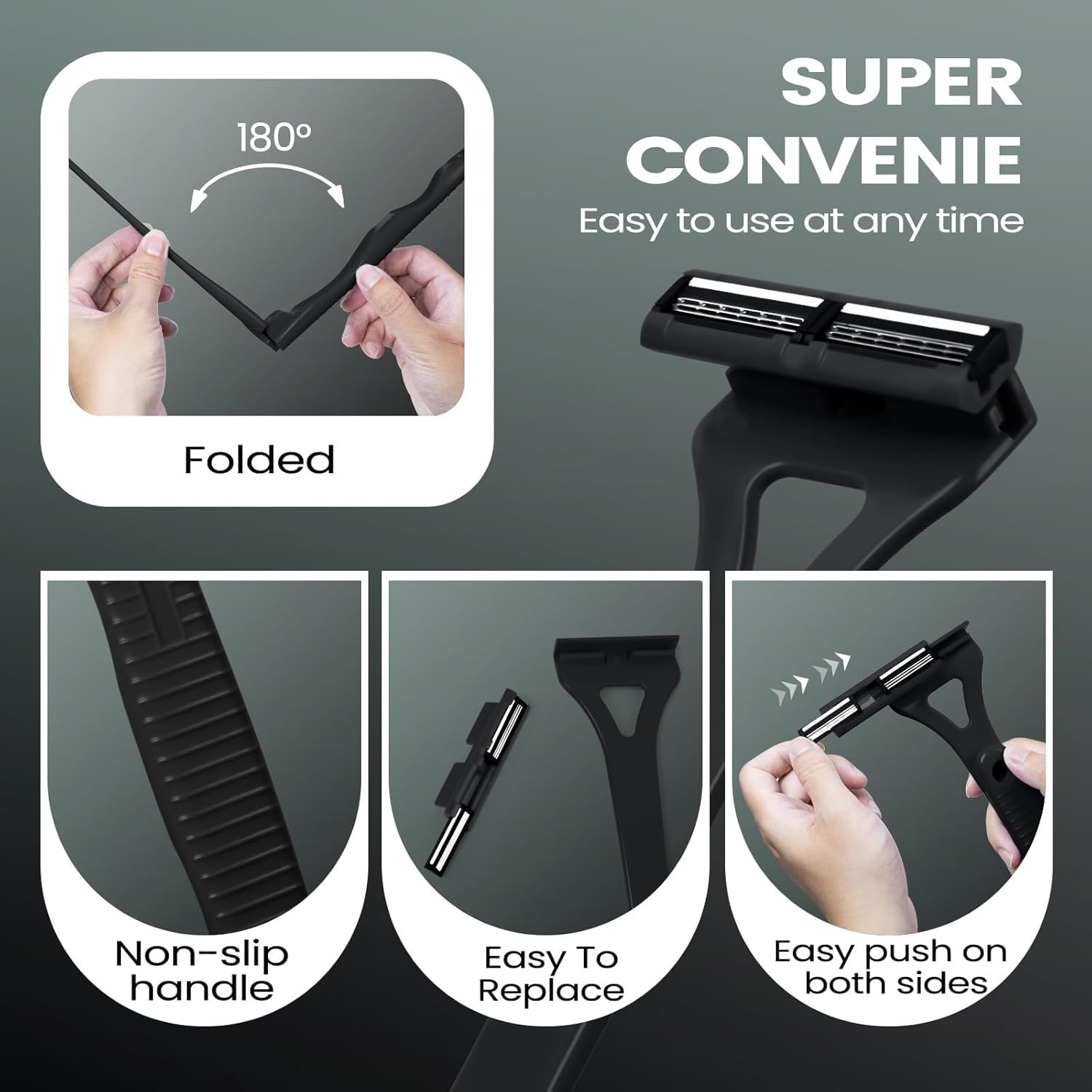 Afeitadoras de espalda para hombres con mango ergonómico largo plegable: afeitadora de pelo de bricolaje, hoja de seguridad reemplazable y afeitadora portátil para hombres, afeitado húmedo y seco