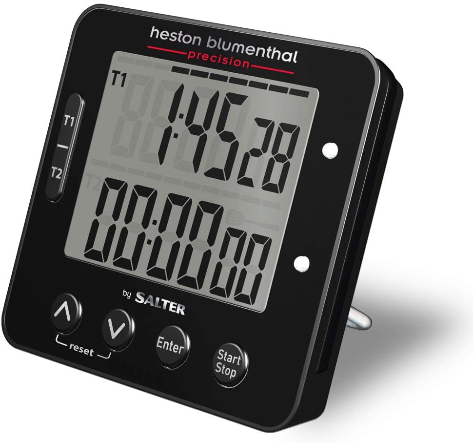 Salter Electronic Dual Timer - Heston Blumenthal Digital Food Cooking Timer, Magnetic or Free Standing 99 Hour Digital Countdown Display, Heston Turn Reminder For Quicker Cooking