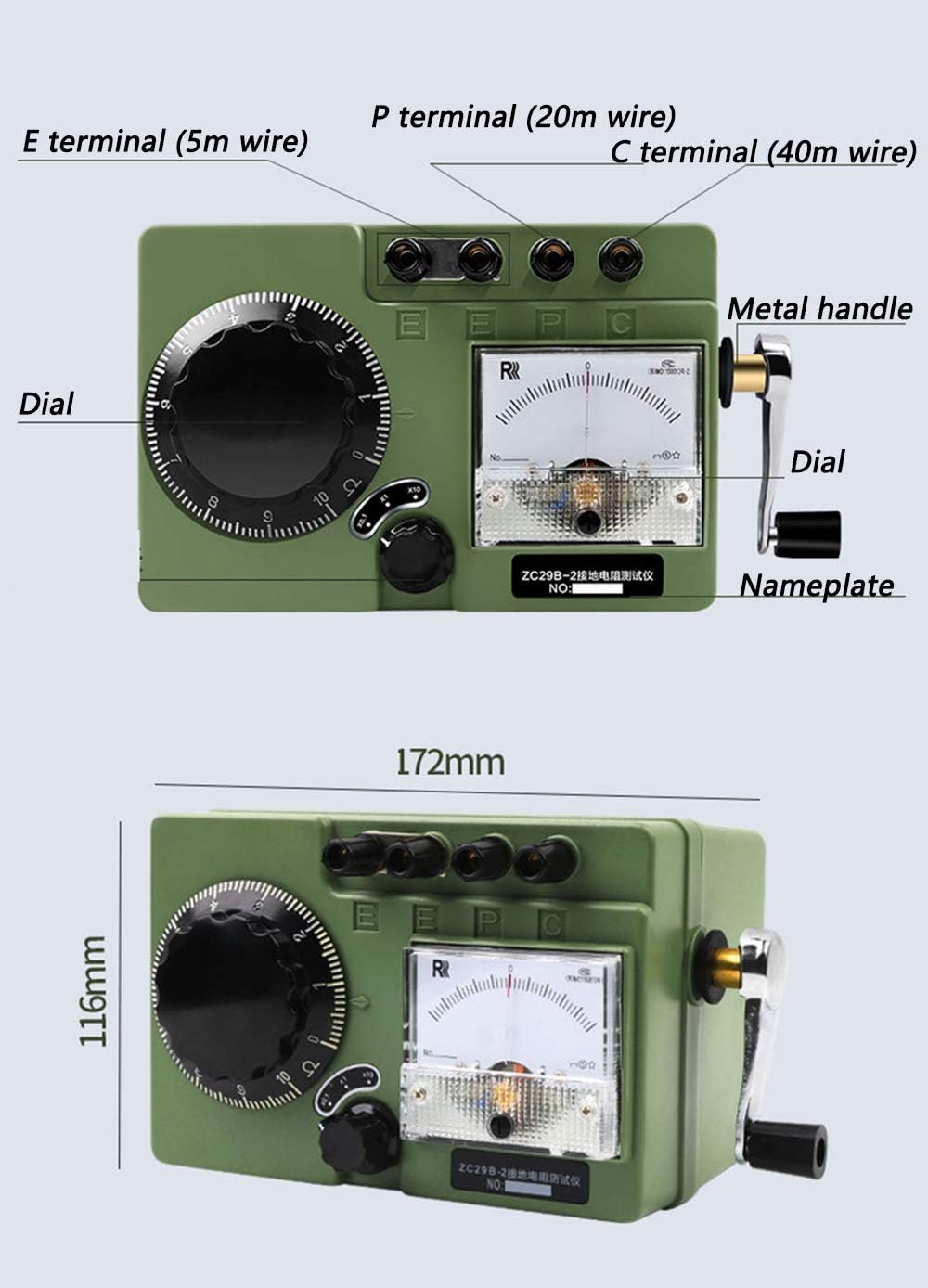 NEWTRY Mechanical Ground Resistance Tester Ground Earth Resistance Meter (0-100Ω, Plastic Shell)