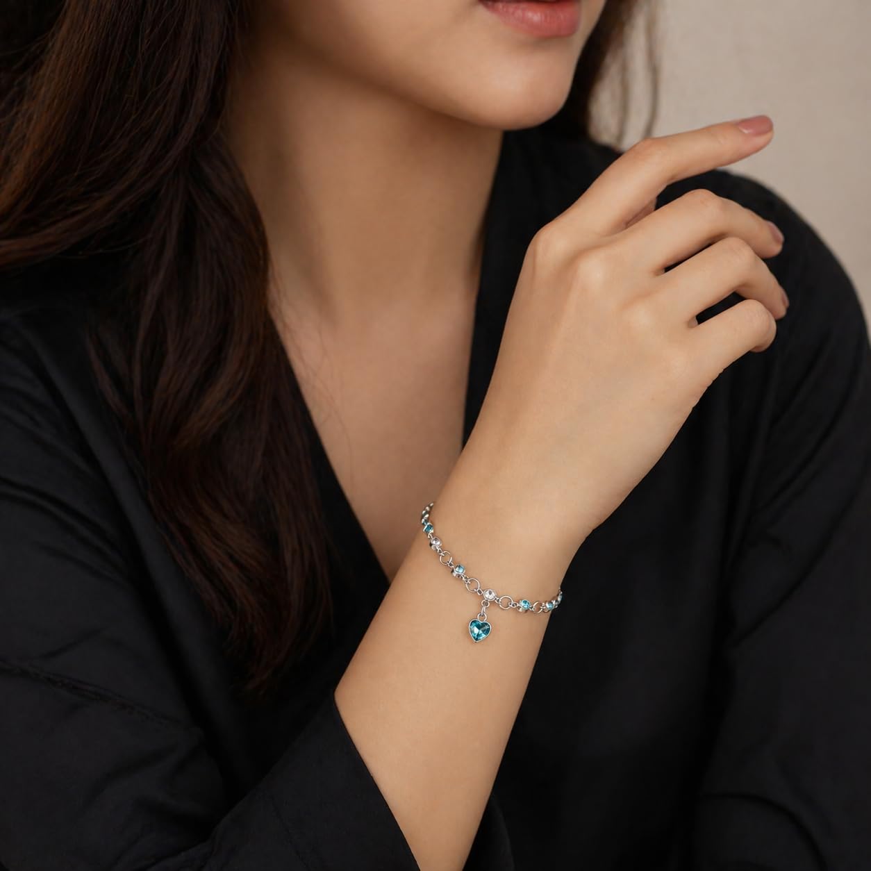 University Trendz Blue Heart Crystal Charm Bracelet for Girls & Women | Rhodium Plated Adjustable Link Bracelet with Zircon Stones 3