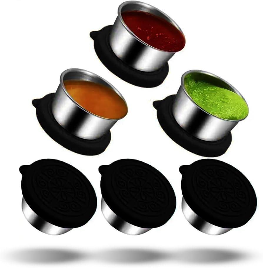Pack of 6 Salad Dressing Container To Go: Small Condiment Containers with Lids, Reusable Stainless Steel Sauce Cups, Leakproof Silicone Lids for Bento Box, Picnic and Travel (Black - 2.36oz)