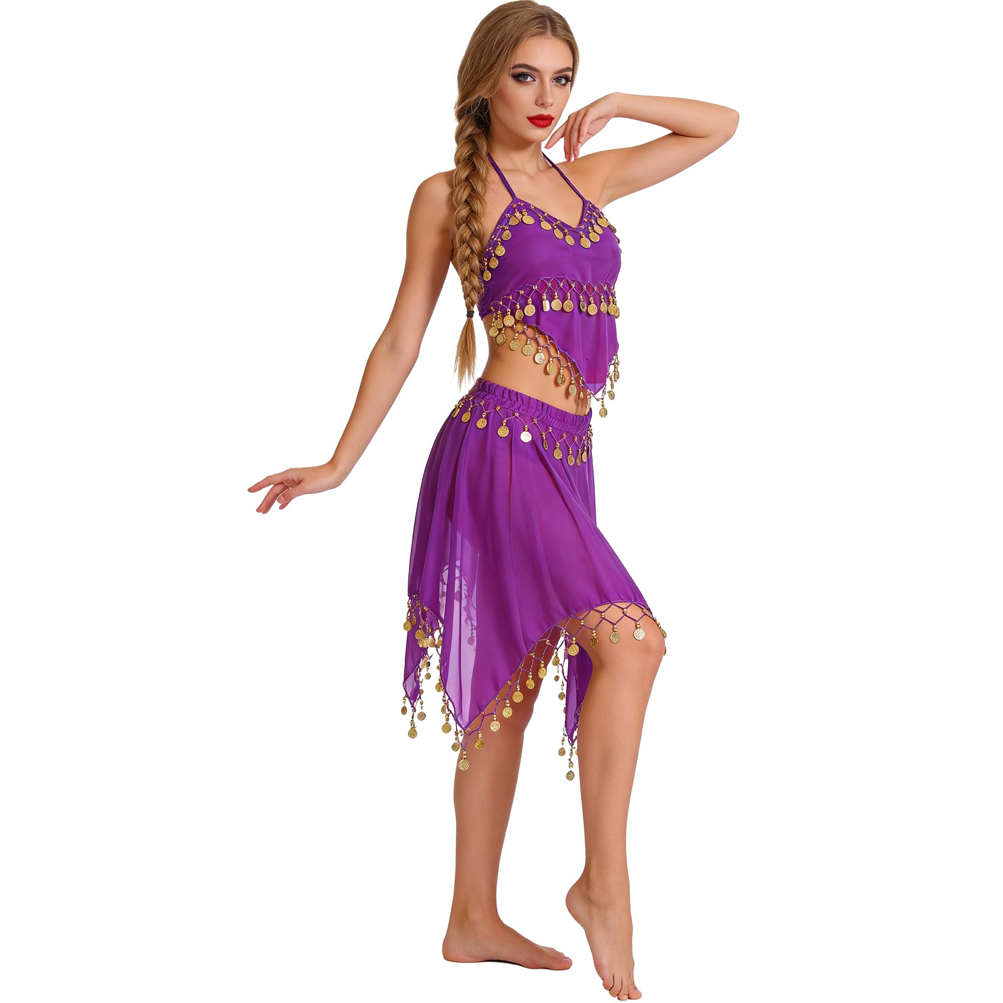 Wildarms Disfraz de Danza del Vientre de Carnaval Mujer Conjunto 2 Piezas Top y Falda con Lentejuelas, Traje Premium para Fiesta y Escenario - Variaciones de Color