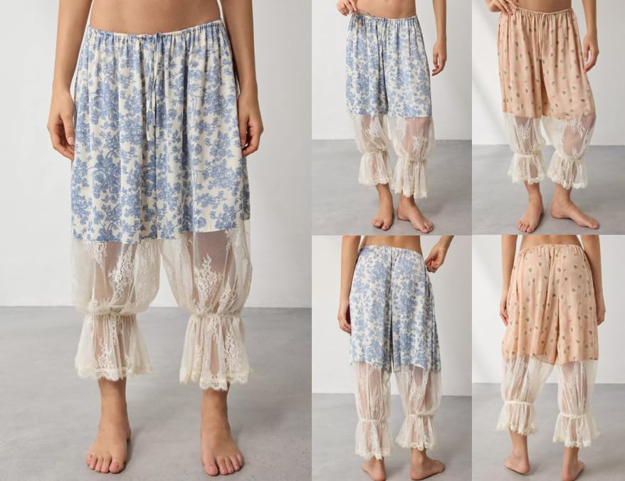 Image of KOSUSANILL Women Long Bloomer Pants Lace Trim Ruffle Pantaloons Cropped Lounge Pajama Bottoms Y2K Capri Pettipants