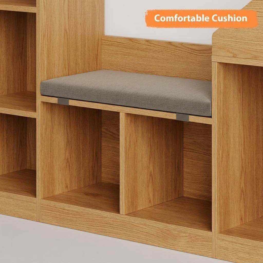 Librería infantil con banco y almacenamiento, mueble MDF natural para